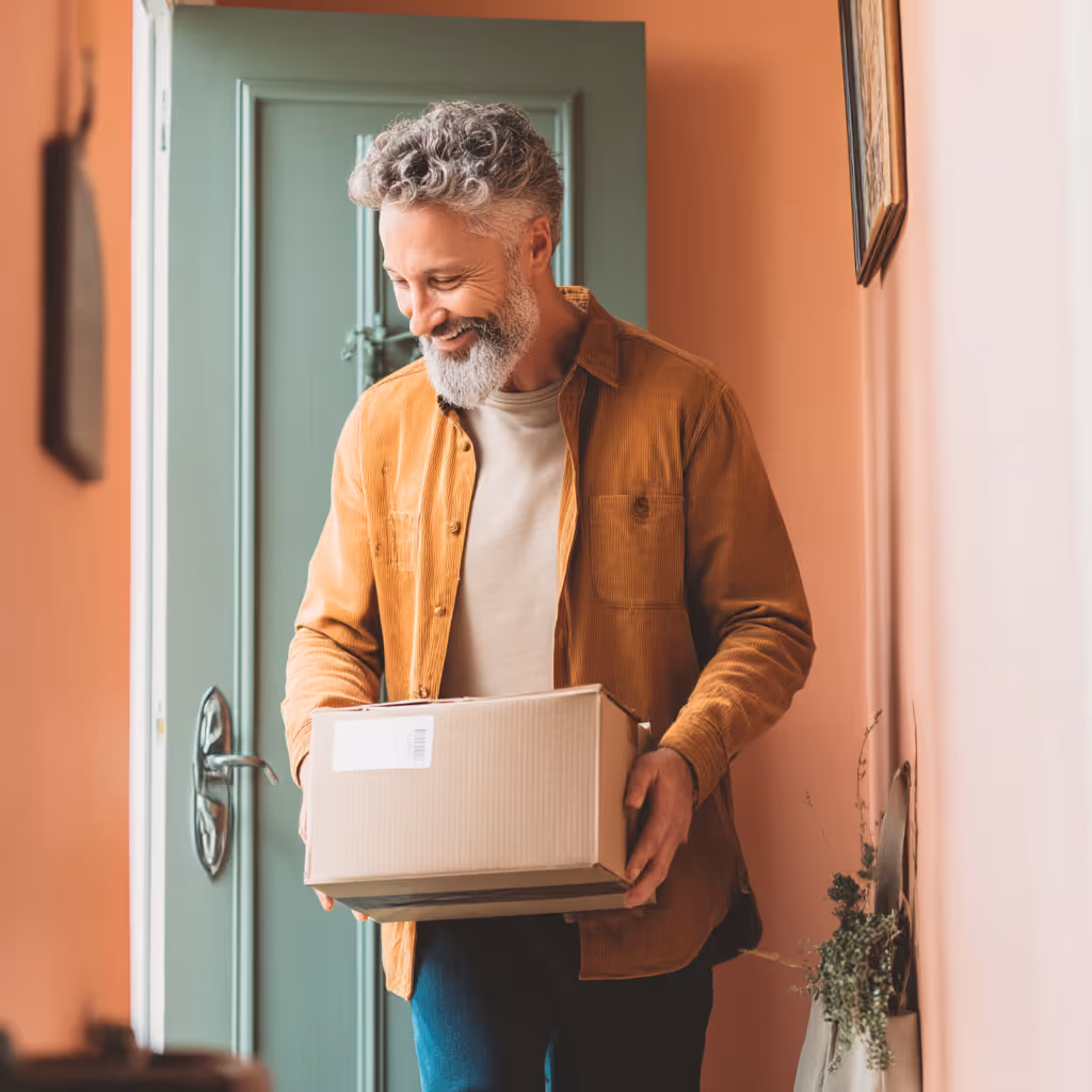 Man receiving wellness delivery at home