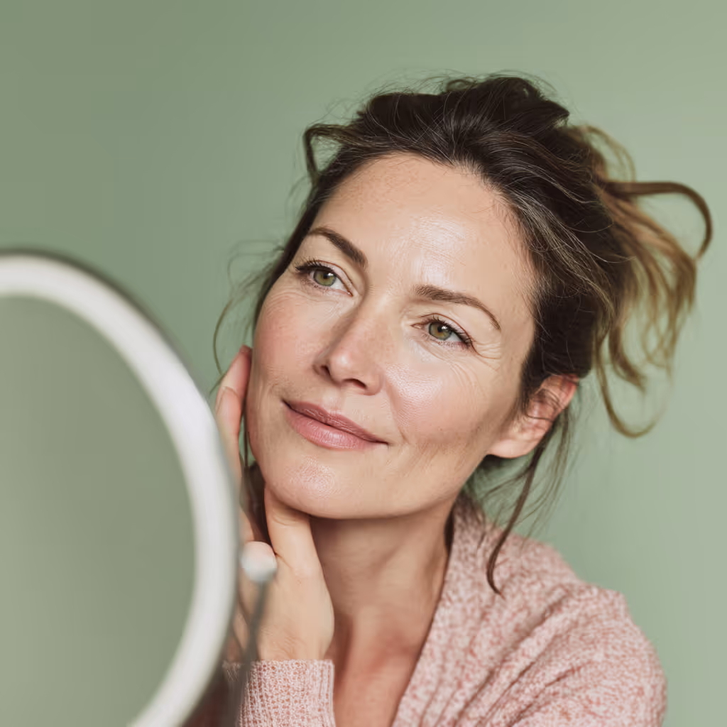 Woman looking in mirror, radiant complexion